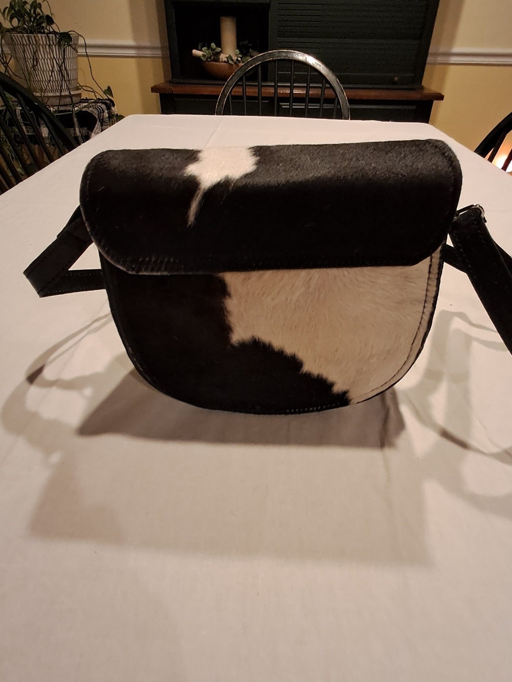 Cowhide Crossbody Saddle Bag - Black & White with adjustable Strap - Picture 7 of 7